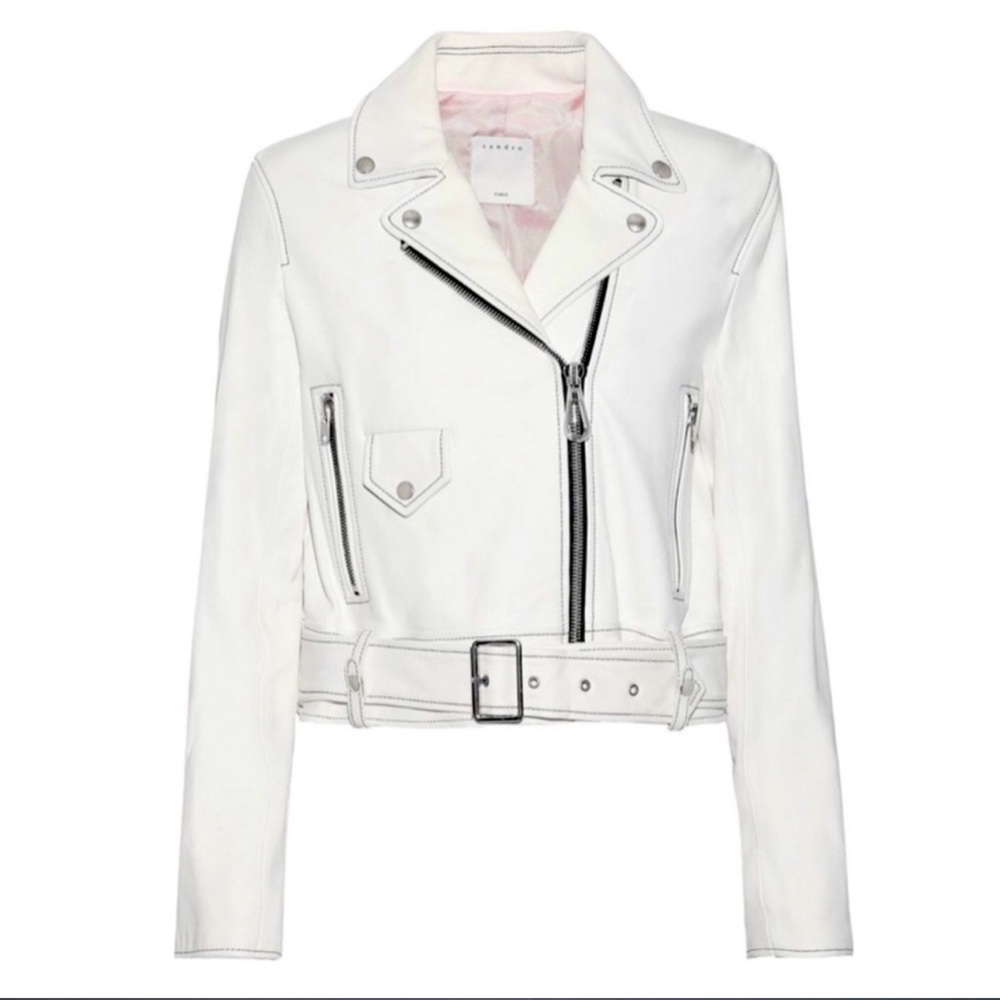Sandro Edwin White Sheep Leather Cropped Motorcycle Jacket A1A Moto Size Small/6 - Picture 2 of 15